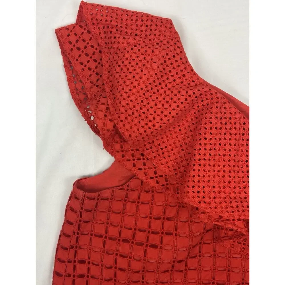 J Crew One Shoulder Ruffle Sleeveless Top Eyelet Lace Red Size 4